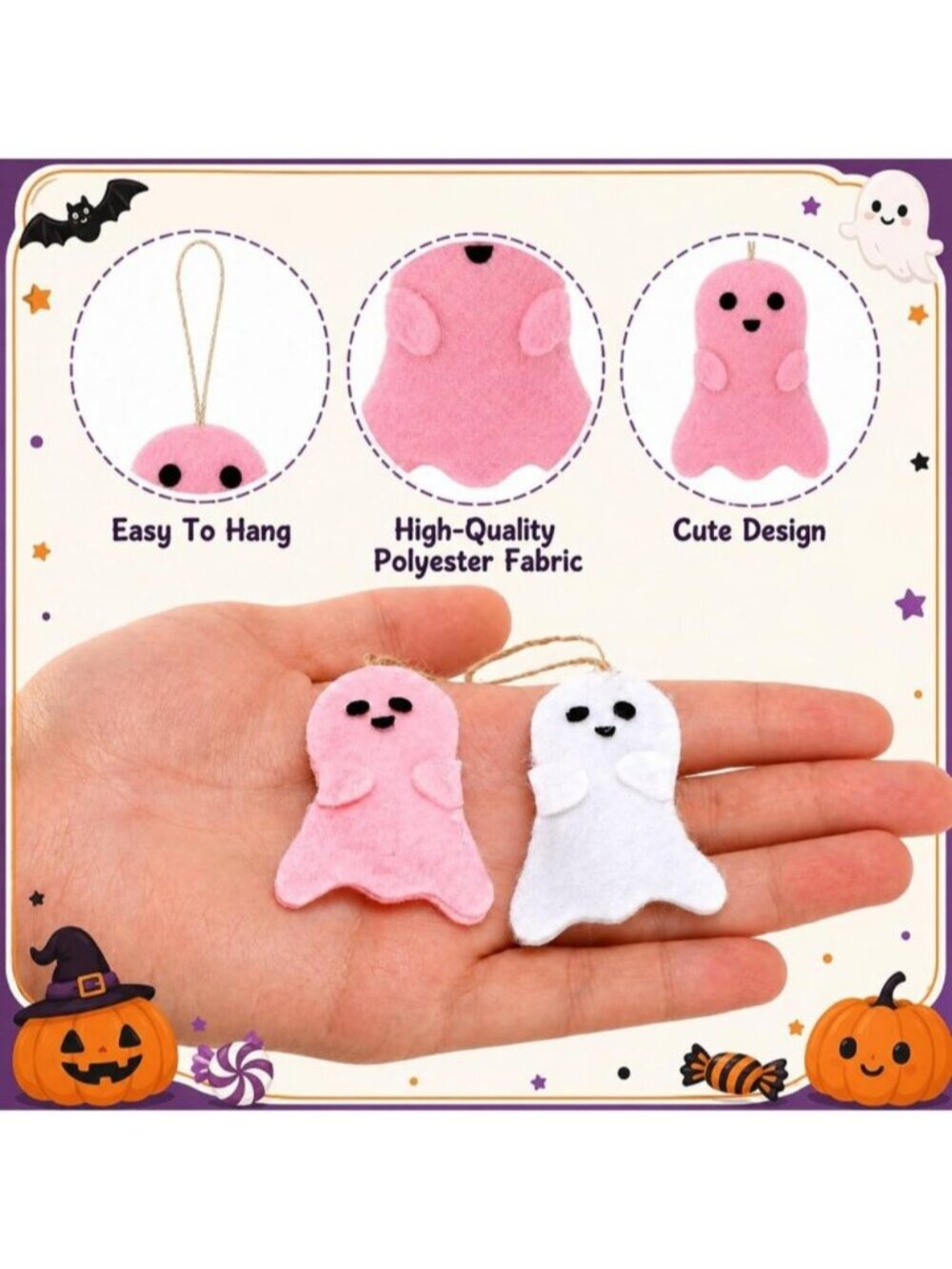 24 Pcs Halloween Ghost Hanging Ornaments Small Tree Decoration 2.4" White Pink - Picture 3 of 7